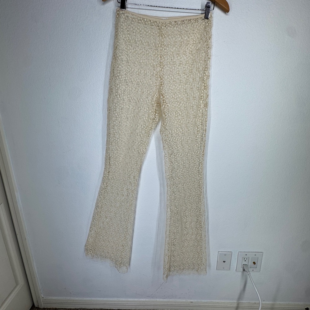 Sheer Cream Floral Crochet Lace Flare Leg Pants Bohemian Beach Indie Festival